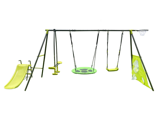 5 in 1 Outdoor Metal Swing Set with Basketball Hoop, Glider Swing, Heavy-Duty A-Frame Metal Outdoor Stand and Double Wall Slide, Metal Playset for Kids with Slide