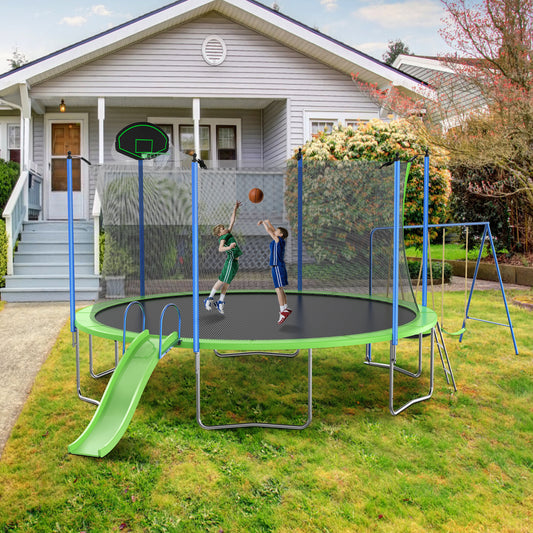 14 FT Trampoline with Basketball Hoop, SEGMART Upgraded Kids Outdoor Trampoline with Enclosure Net, Ladder, Heavy Duty Backyard Round Recreational Trampoline for Kids Adults Indoor Outdoor