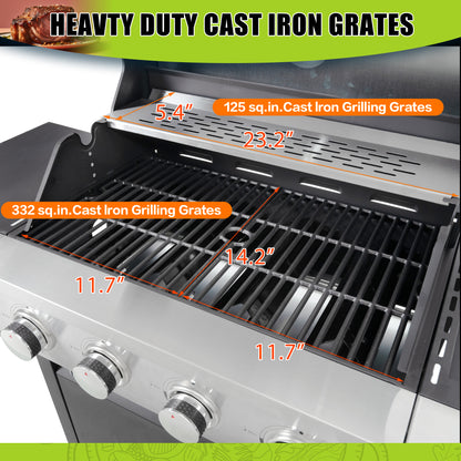 SEGMART 4 Burner Propane Gas Grill with Side Burner, 46,500 BTU Outdoor Cooking BBQ Grill with Porcelain-Enameled Cast Iron Grates, Equipped with Temperature, Tool Hooks, and Bottle Opener