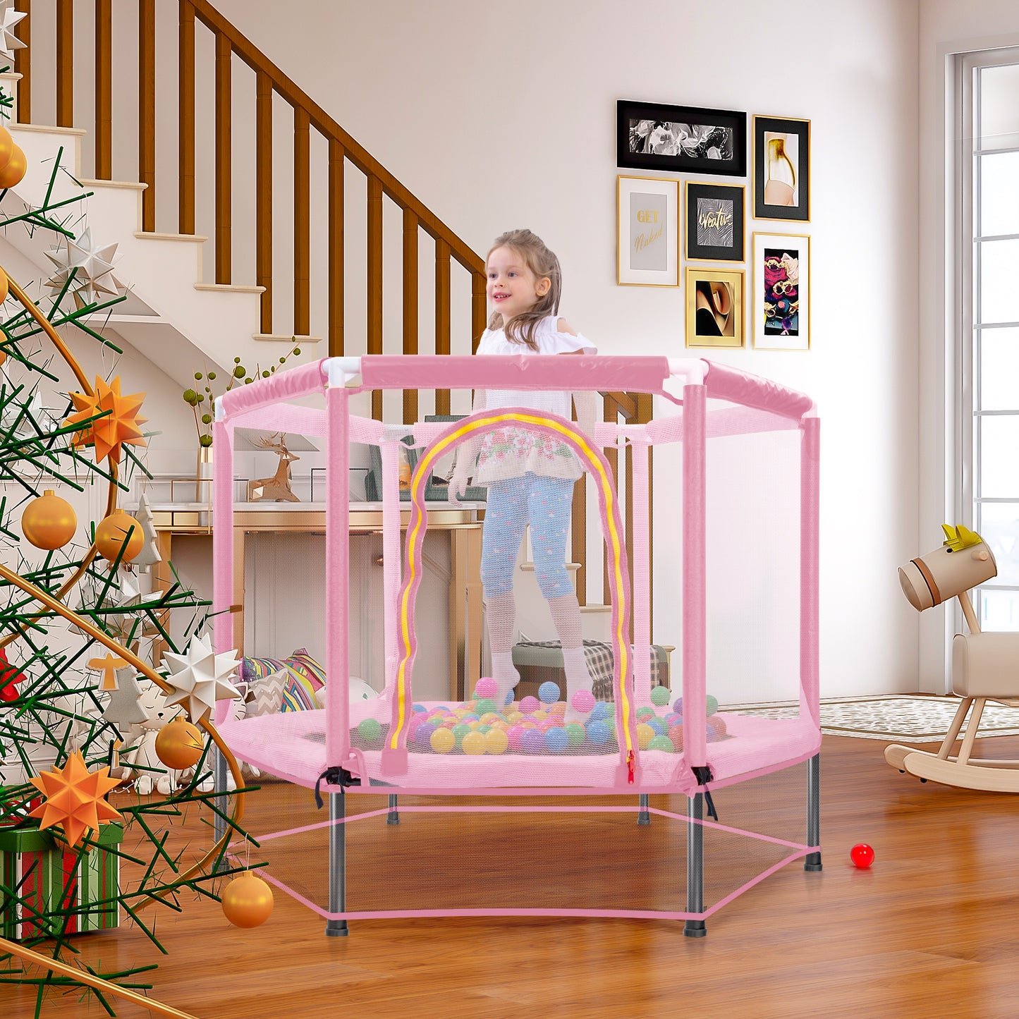 Mini Trampoline for Kids with Safety Enclosure Net, 55" Toddler Trampoline with No-Gap Safe Design, Segmart Recreational Trampolines for Birthday Gifts, Rebounder Trampoline with Ocean Balls