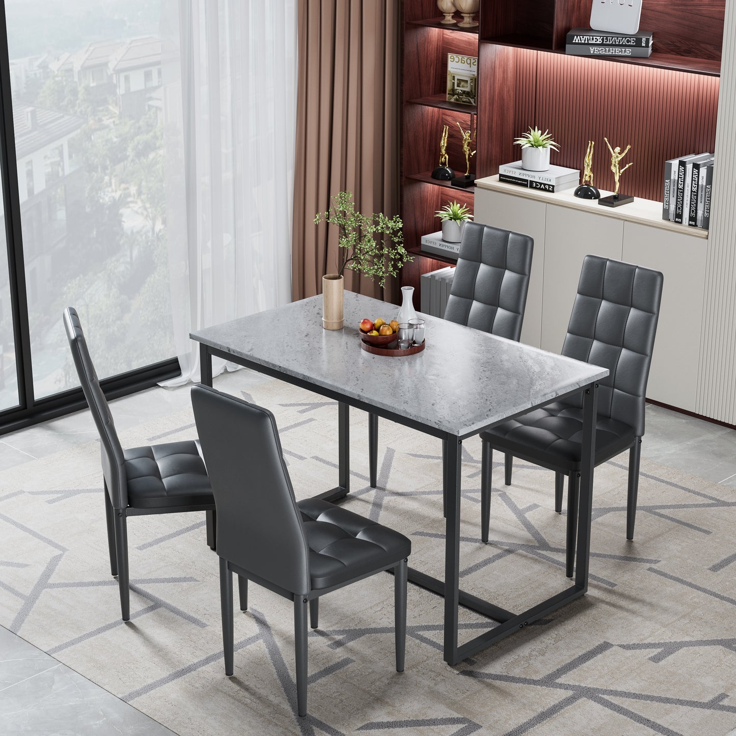 Dining Table with 4 High-back Upholstered Chairs, Modern Dinette Set, Faux Marble Dining Table and Chairs Set for 4 Persons, Small Home Kitchen Dining Table Set, Ideal for Apartment Breakfast Nook Bar