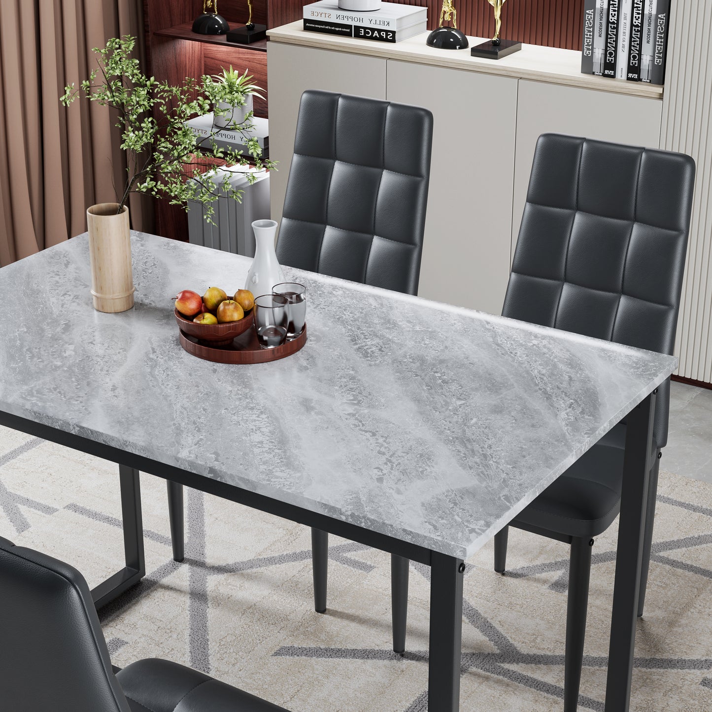 Dining Table with 4 High-back Upholstered Chairs, Modern Dinette Set, Faux Marble Dining Table and Chairs Set for 4 Persons, Small Home Kitchen Dining Table Set, Ideal for Apartment Breakfast Nook Bar
