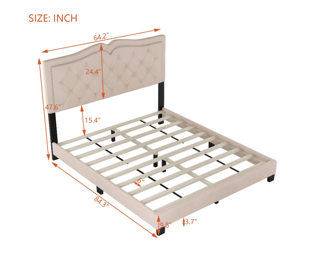 Segmart Queen Size Upholstered Bed Frame with Tufted Velvet Headboard, Rivet Trim, Sturdy Wooden Slats, No Box Spring Needed, Modern Platform Bed, Beige