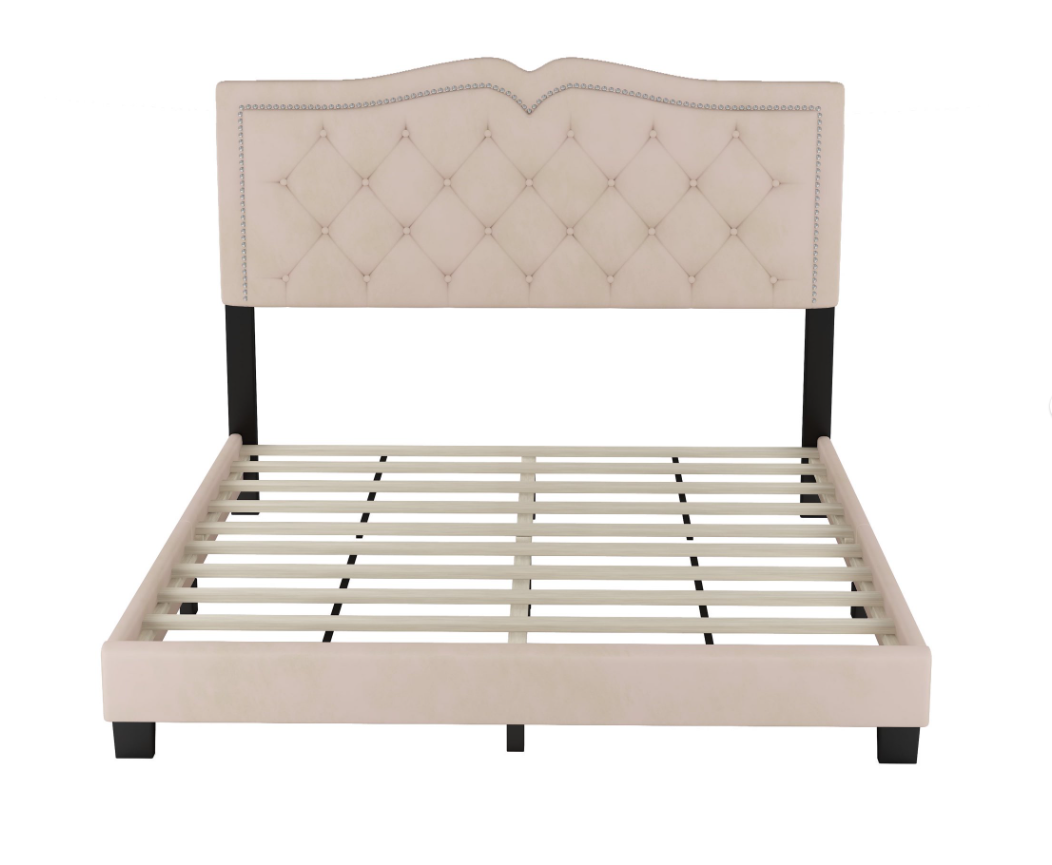 Segmart Queen Size Upholstered Bed Frame with Tufted Velvet Headboard, Rivet Trim, Sturdy Wooden Slats, No Box Spring Needed, Modern Platform Bed, Beige