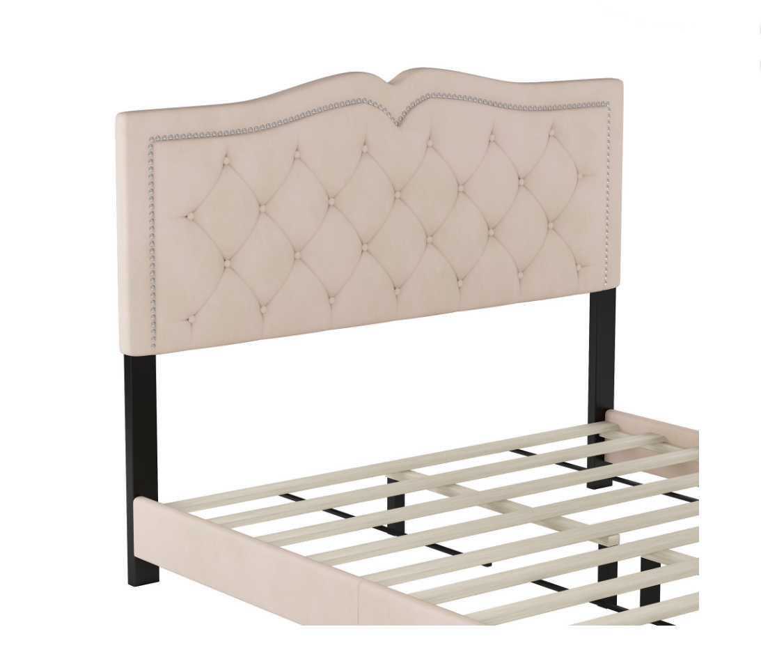 Segmart Queen Size Upholstered Bed Frame with Tufted Velvet Headboard, Rivet Trim, Sturdy Wooden Slats, No Box Spring Needed, Modern Platform Bed, Beige