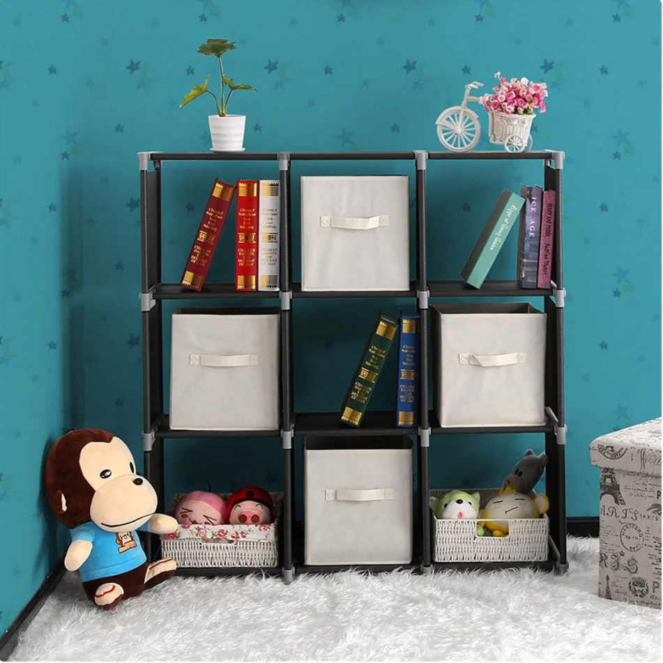 9-Cube Storage Organizer Shelf, 3-Tier Shoe Rack Bookshelf for Closet, Bedroom, Black DIY Cube Cabinet with Durable Steel Frame