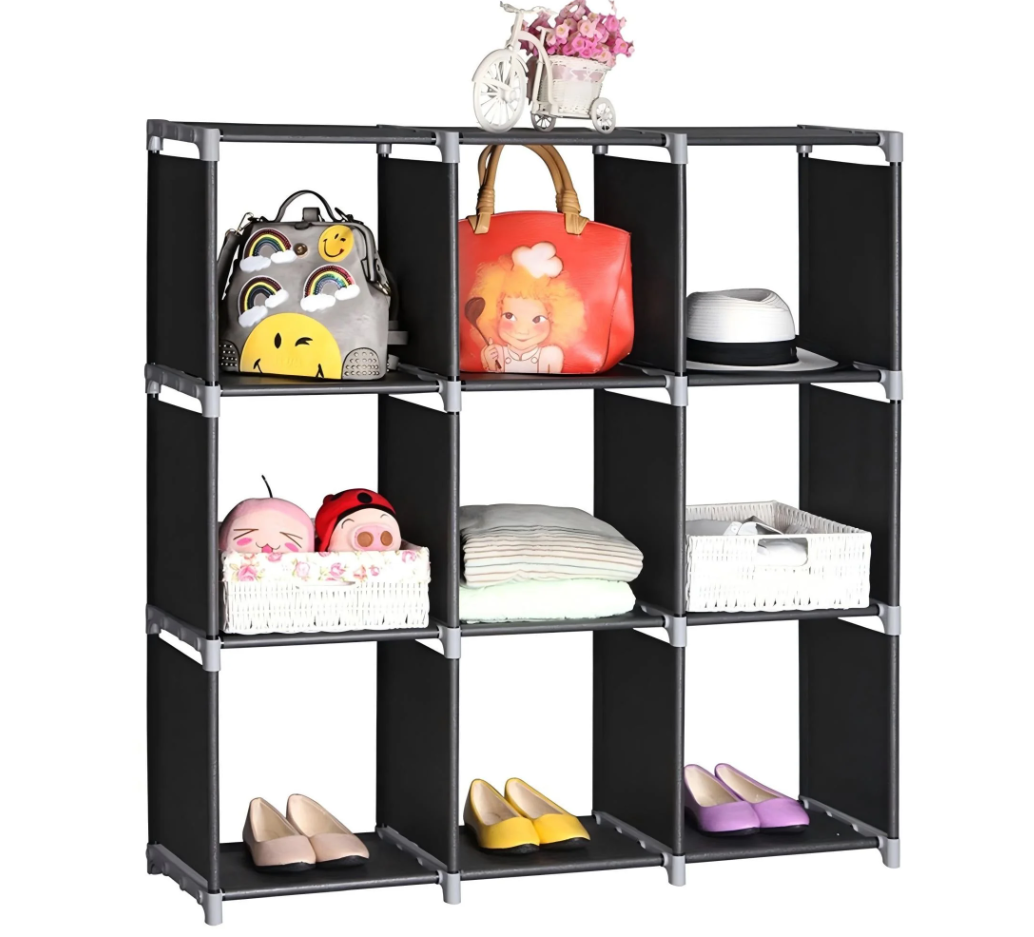 9-Cube Storage Organizer Shelf, 3-Tier Shoe Rack Bookshelf for Closet, Bedroom, Black DIY Cube Cabinet with Durable Steel Frame