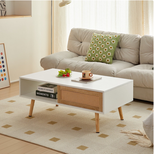 Rattan Coffee table,Modern Sofa End Table, with sliding door,Natural Wood Finish，Modern table for living room,for Living Room Bedroom, white