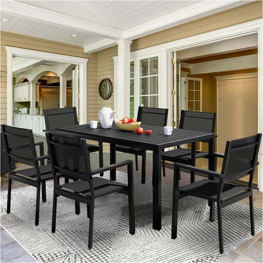 7 Piece Outdoor Dining Set, Patio Dining Table Set for 6 Persons, Garden Patio Textilene Dining Furniture Set with Plastic Tabletop, Dining Table Chairs Conversation Set for Deck Patio