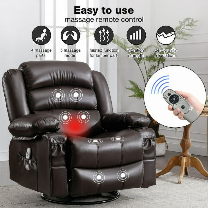 Segmart 360° Swivel Massage Recliner Chairs with Remote Control, PU Leather 8-Point Vibration Massage Recliner Chair with USB Charger, Cup Holders Bread-Type Handrail & Padded Seat Backrest, Brown