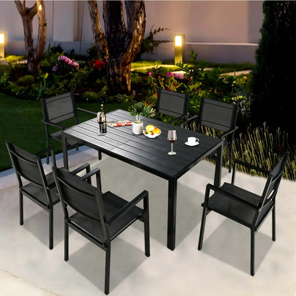 7 Piece Outdoor Dining Set, Patio Dining Table Set for 6 Persons, Garden Patio Textilene Dining Furniture Set with Plastic Tabletop, Dining Table Chairs Conversation Set for Deck Patio