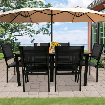 7 Piece Outdoor Dining Set, Patio Dining Table Set for 6 Persons, Garden Patio Textilene Dining Furniture Set with Plastic Tabletop, Dining Table Chairs Conversation Set for Deck Patio