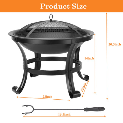 Segmart 22" Round Fire Pit, Curved Iron Outdoor Wood Burning Fire Pit Patio Decoration with Spark Screen, Log Grate, Poker for Backyard Poolside, Black