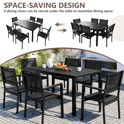 7 Piece Outdoor Dining Set, Patio Dining Table Set for 6 Persons, Garden Patio Textilene Dining Furniture Set with Plastic Tabletop, Dining Table Chairs Conversation Set for Deck Patio