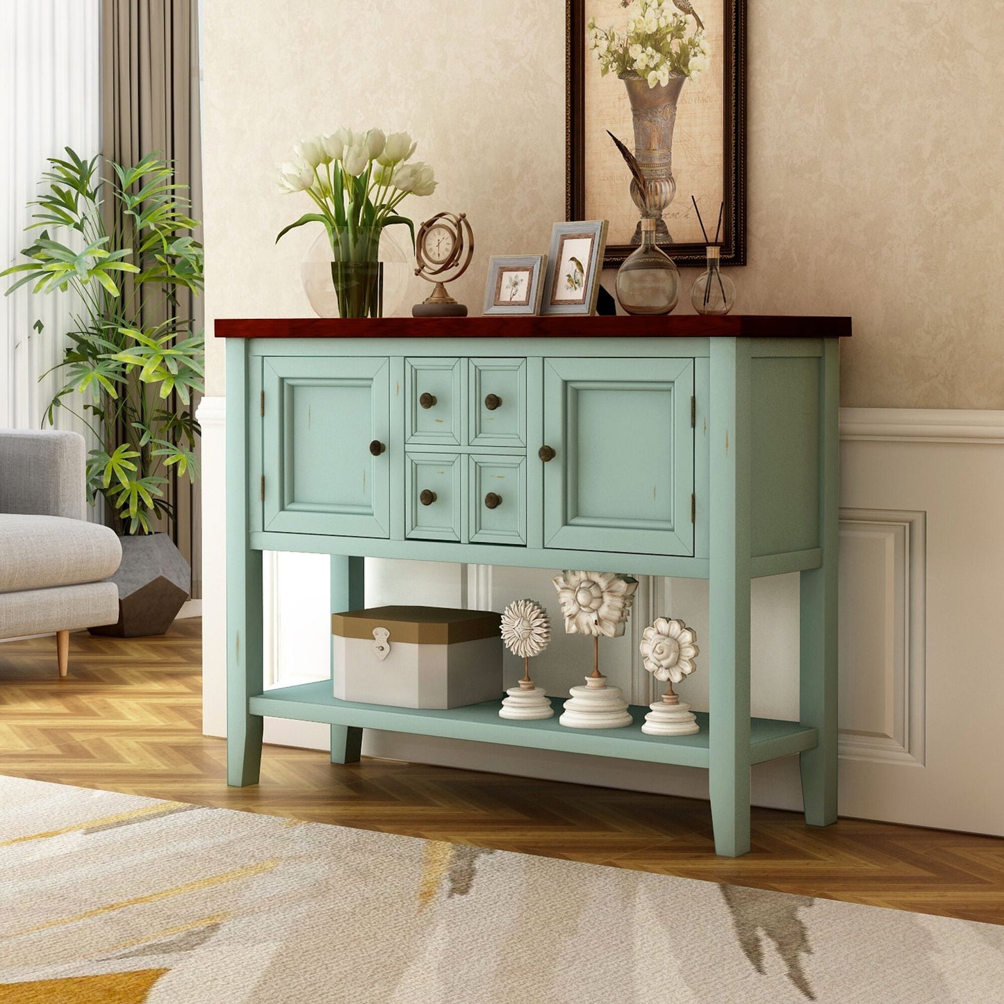 Console Table with 4 Storage Drawers,Storage Vintage Wood Buffet Sideboard Desk with 2 Cabinets and Bottom Shelf, Retro Entryway Table Cupboard for Living Room, Foyer, Hallway