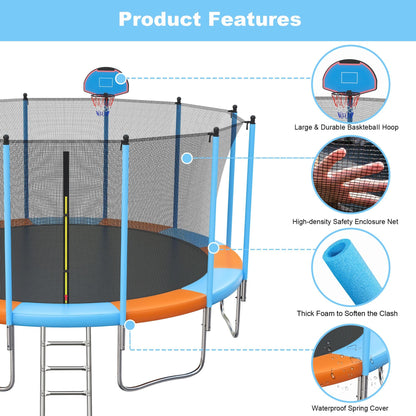 Trampoline for Adults and Kids with Safety Enclosure, 16ft SEGMART Upgrade Outdoor Trampoline with Basketball Hoop, Heavy Duty Round Trampoline with Ladder for Outdoor Park