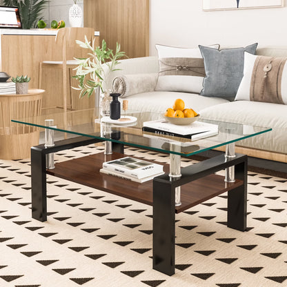 SEGMART Glass Coffee Table, Rectangle Coffee Table, Tea Table, Modern Side Coffee Table with Iron Leg, Glass Tabletop with Lower Shelf, Modern Dining Center Table for Home Living Room Office