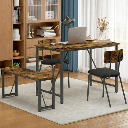 Dining Table Set, 4 Piece Dining Room Table Set for Small Spaces, Kitchen Table with 2 PU Leather Upholstered Chairs and a Long Bench, Space-Saving Table Set for Kitchen, Dining Room, Restaurant