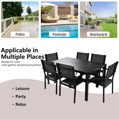 7 Piece Outdoor Dining Set, Patio Dining Table Set for 6 Persons, Garden Patio Textilene Dining Furniture Set with Plastic Tabletop, Dining Table Chairs Conversation Set for Deck Patio