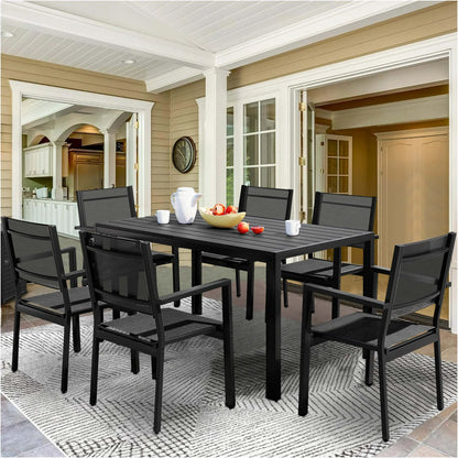 7 Piece Outdoor Dining Set, Patio Dining Table Set for 6 Persons, Garden Patio Textilene Dining Furniture Set with Plastic Tabletop, Dining Table Chairs Conversation Set for Deck Patio
