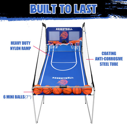 Dual Shot Basketball Arcade Game, Segmart 81"x44" Foldable Indoor Electronic Arcade Basketball Game with 6 Balls, 8 Modes, LED Scoreboard, Air Pump, Battery Powered for Adults, Blue