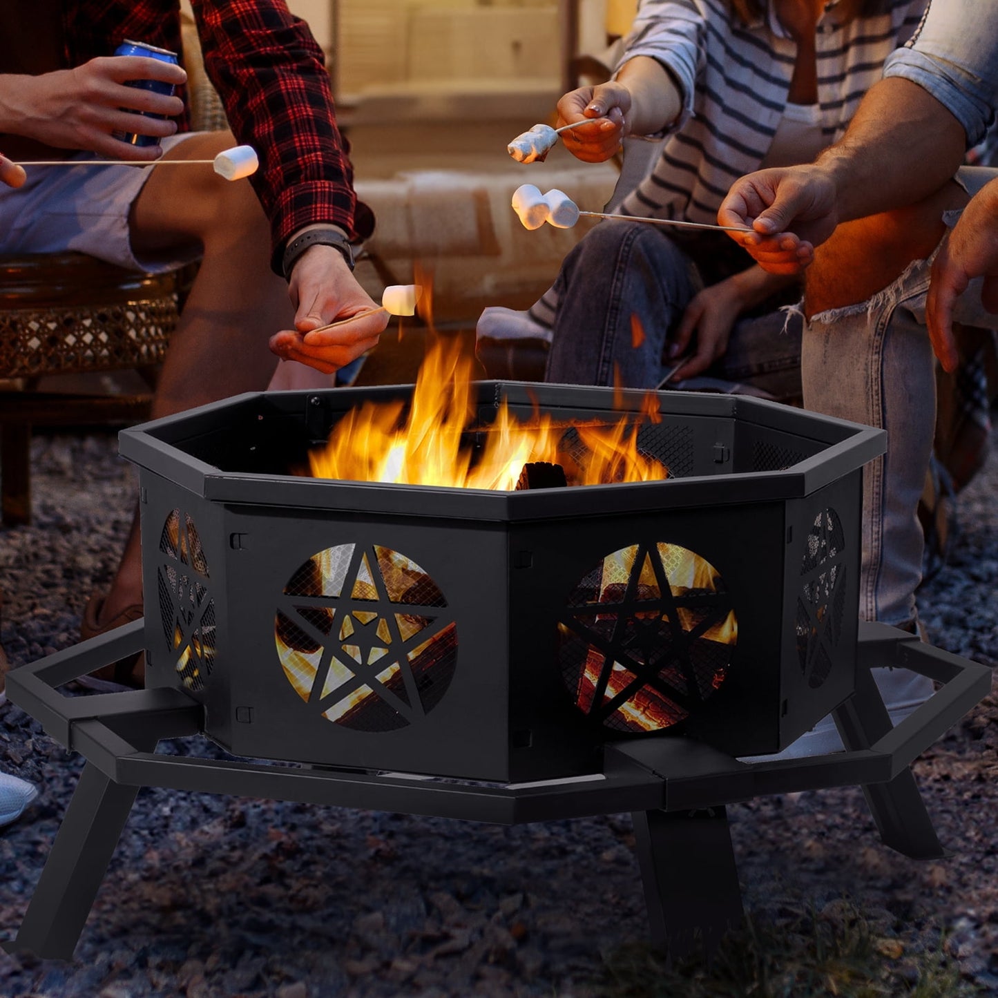22" Graden Fire Pit for Patio, HexShaped Steel Fire Pit with Flame-Retardant Lid, Outdoor Metal Fire Pit with Poker, Multifunctional Heater/Grill/Ice Pit for Backyard Patio Garden BBQ Grill, S8015