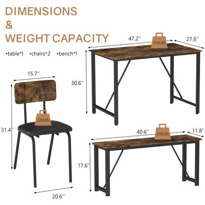 Dining Table Set, 4 Piece Dining Room Table Set for Small Spaces, Kitchen Table with 2 PU Leather Upholstered Chairs and a Long Bench, Space-Saving Table Set for Kitchen, Dining Room, Restaurant