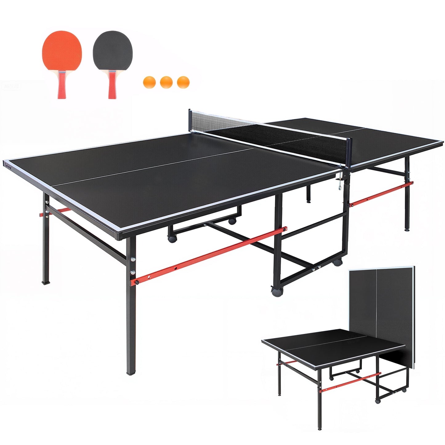 Mid-Size Table Tennis Table, SEGMART 8FT Foldable Outdoor Ping Pong Table with Net, 2 Table Tennis Paddles and 3 Balls, Portable Table Tennis Game Set for Indoor Outdoor, Black