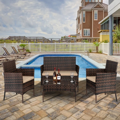4 Pieces Outdoor Wicker Conversation Set, All-Weather Rattan Patio Furniture Sets with Arm Chairs, Tempered Glass Tabletop and Cushions, Sectional Sofa Set for Backyard, Garden, Poolside