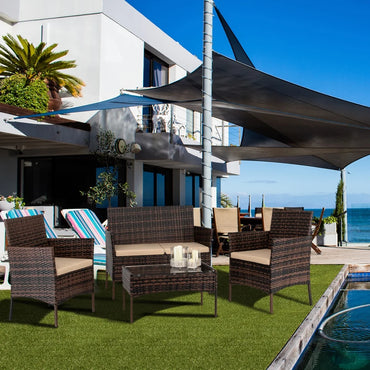 4 Pieces Outdoor Wicker Conversation Set, All-Weather Rattan Patio Furniture Sets with Arm Chairs, Tempered Glass Tabletop and Cushions, Sectional Sofa Set for Backyard, Garden, Poolside