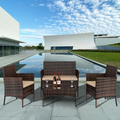 4 Pieces Outdoor Wicker Conversation Set, All-Weather Rattan Patio Furniture Sets with Arm Chairs, Tempered Glass Tabletop and Cushions, Sectional Sofa Set for Backyard, Garden, Poolside