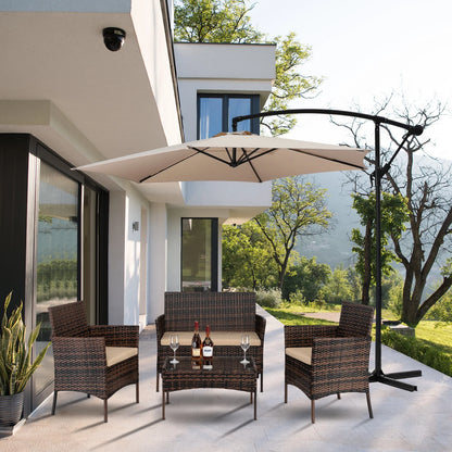 4 Pieces Outdoor Wicker Conversation Set, All-Weather Rattan Patio Furniture Sets with Arm Chairs, Tempered Glass Tabletop and Cushions, Sectional Sofa Set for Backyard, Garden, Poolside