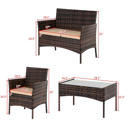 4 Pieces Outdoor Wicker Conversation Set, All-Weather Rattan Patio Furniture Sets with Arm Chairs, Tempered Glass Tabletop and Cushions, Sectional Sofa Set for Backyard, Garden, Poolside