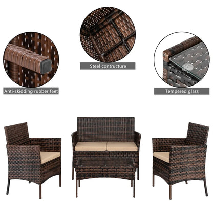 4 Pieces Outdoor Wicker Conversation Set, All-Weather Rattan Patio Furniture Sets with Arm Chairs, Tempered Glass Tabletop and Cushions, Sectional Sofa Set for Backyard, Garden, Poolside