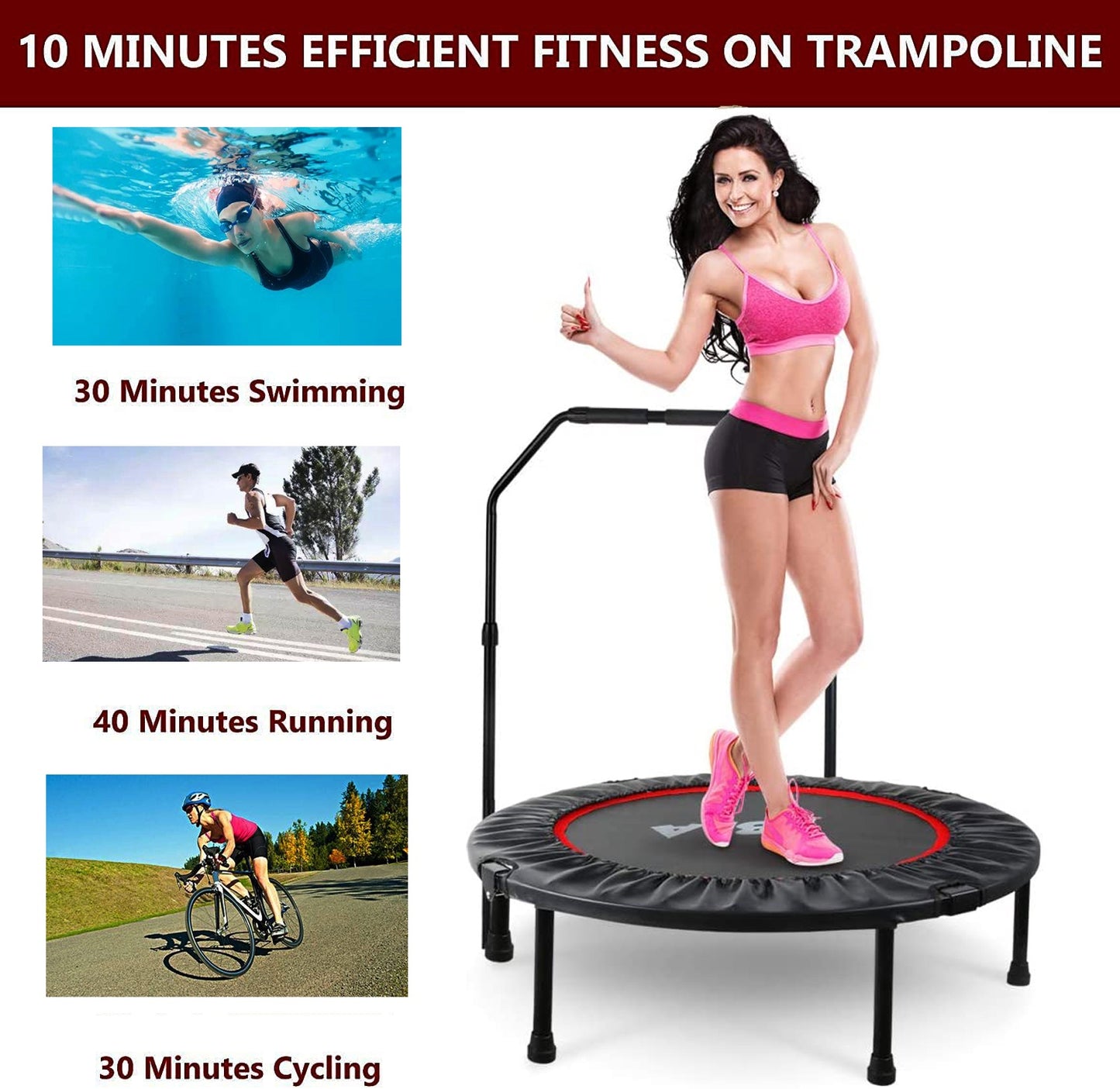 40" Foldable Mini Trampoline, SEGMART Folding Mini Fitness Indoor Exercise Workout Rebounder Trampoline with Adjustable Foam Handle, Exercise Trampoline for Kids Adults Indoor, Garden Workout