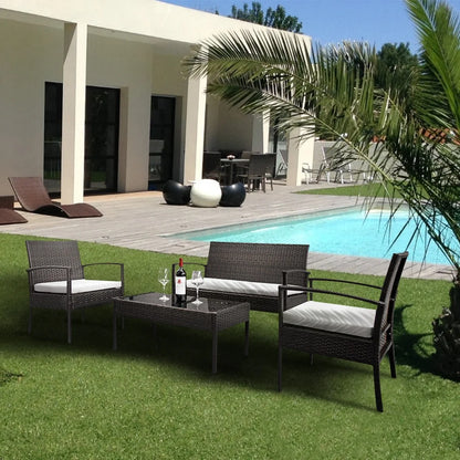 4 Pieces Outdoor Wicker Conversation Set, All-Weather Rattan Patio Furniture Sets with Arm Chairs, Tempered Glass Tabletop and Cushions, Sectional Sofa Set for Backyard, Garden, Poolside