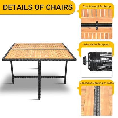 9 PCS Indoor Outdoor Wicker Dining Set Furniture, Patio Rattan Furniture Set with Acacia Wood Tabletop and Stackable Armrest Chairs, All Weather Wicker Sectional Conversation Set with Cushions
