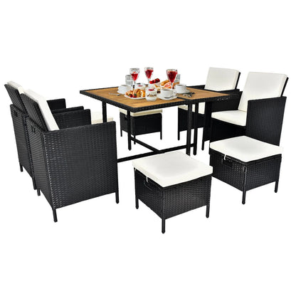 9 PCS Indoor Outdoor Wicker Dining Set Furniture, Patio Rattan Furniture Set with Acacia Wood Tabletop and Stackable Armrest Chairs, All Weather Wicker Sectional Conversation Set with Cushions