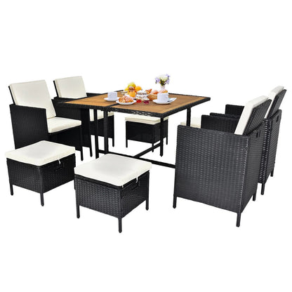 9 PCS Indoor Outdoor Wicker Dining Set Furniture, Patio Rattan Furniture Set with Acacia Wood Tabletop and Stackable Armrest Chairs, All Weather Wicker Sectional Conversation Set with Cushions