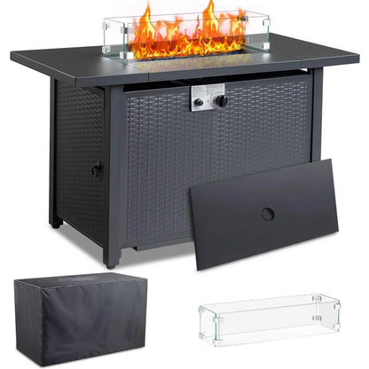 SEGMART 43'' Propane Fire Pit, 50,000 BTU Auto-Ignition Gas Fire Pit Table, Outdoor Fire Tables with Rain Cover, Lid and Tempered Glass Wind Guard for Outside, Garden, Backyard