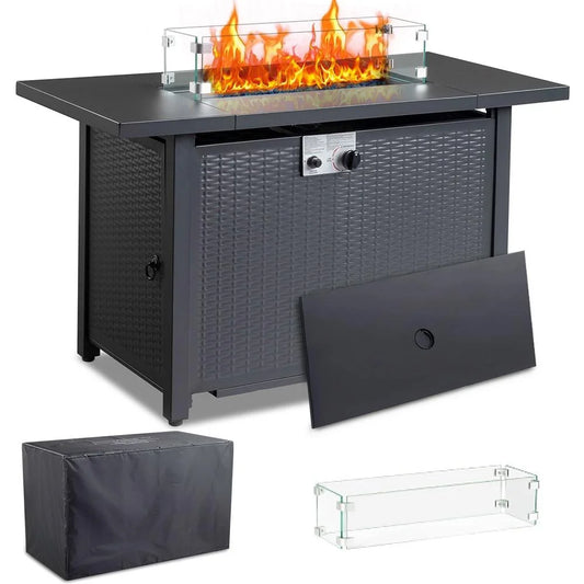 SEGMART 43'' Propane Fire Pit, 50,000 BTU Auto-Ignition Gas Fire Pit Table, Outdoor Fire Tables with Rain Cover, Lid and Tempered Glass Wind Guard for Outside, Garden, Backyard