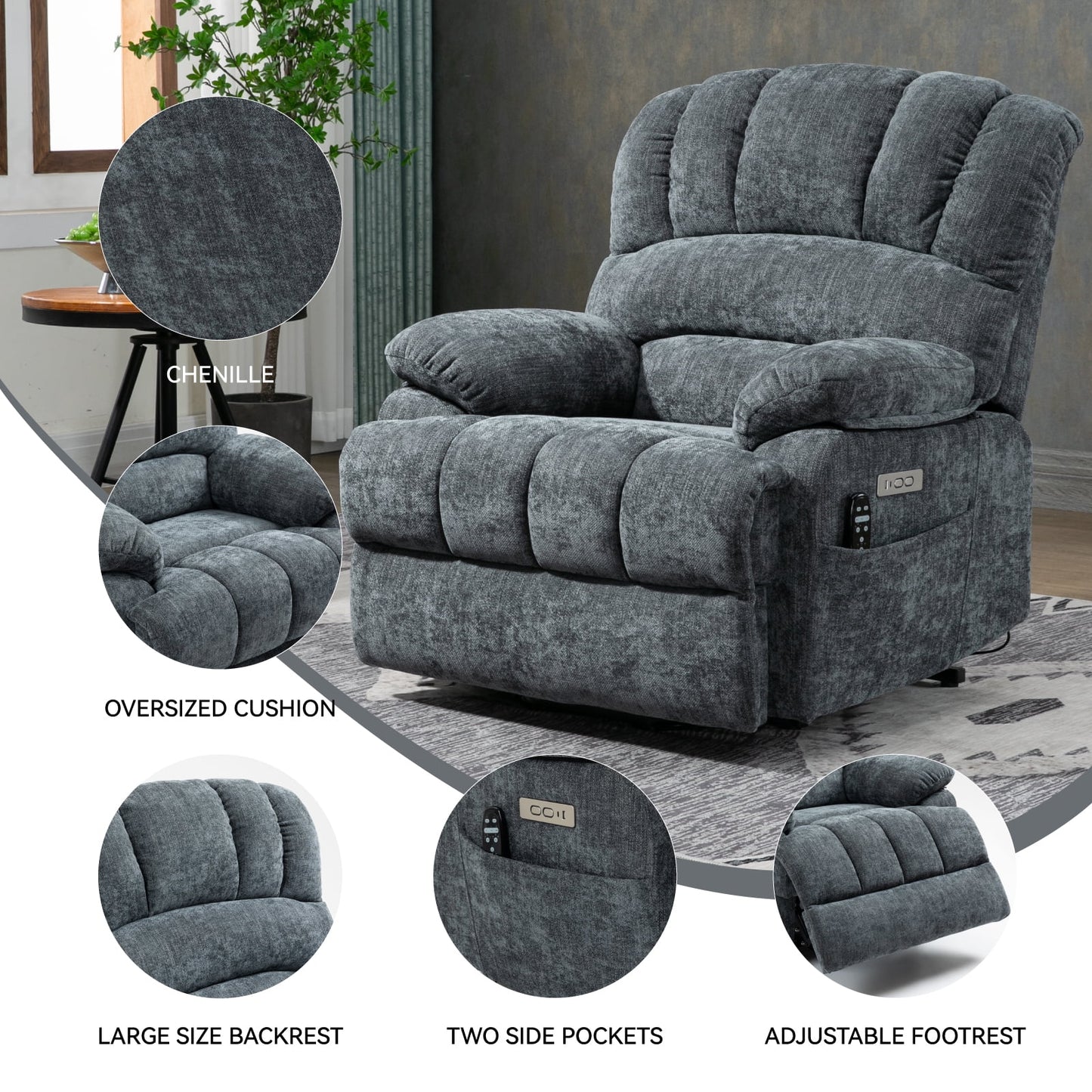 Extra Wide Power Lift Recliner Chair for Elderly, Oversized Chenille Lift Chair with 8-Point Massage & Lumbar Heat, USB Charging Port, Side Pockets, 350 lbs Capacity