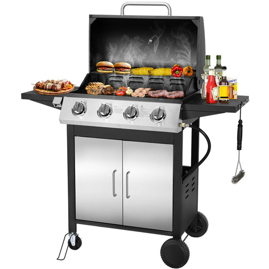 SEGMART 4 Burner BBQ Propane Gas Grill, Stainless Steel 40,000 BTU Patio Garden Barbecue Grill with Two Shelves, Doors & Thermometer, Perfect for Camping, Outdoor Cooking