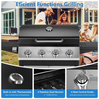 SEGMART 4 Burner BBQ Propane Gas Grill, Stainless Steel 40,000 BTU Patio Garden Barbecue Grill with Two Shelves, Doors & Thermometer, Perfect for Camping, Outdoor Cooking