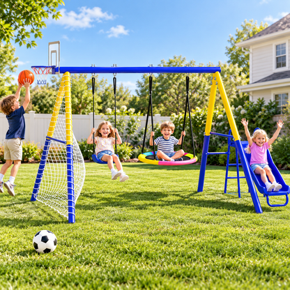 Metal Swing Sets for Backyard with 3 Seats, SEGMART Heavy Duty Kids Swingset with Slide, Saucer Swing, Belt Swing, Basketball Hoop, Soccer Net, Playground Sets for Backyards, 440 LBS Weight Capacity