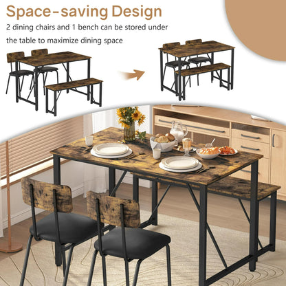 Dining Table Set, 4 Piece Dining Room Table Set for Small Spaces, Kitchen Table with 2 PU Leather Upholstered Chairs and a Long Bench, Space-Saving Table Set for Kitchen, Dining Room, Restaurant