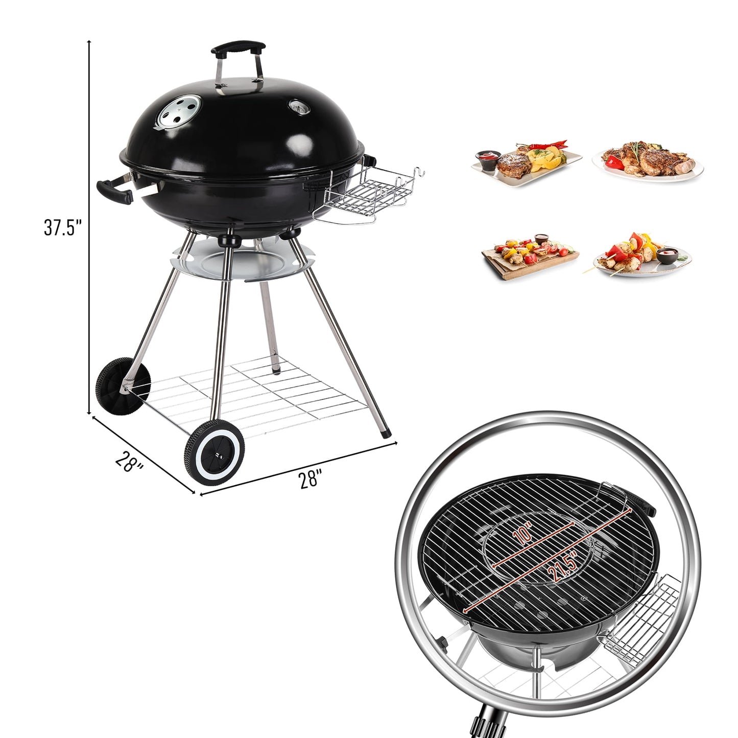 Segmart 28" Portable Charcoal Grill with Wheels, Outdoor Barbecue Kettle Grill for Camping, Tailgating, Backyard BBQ,Adjustable Vents, Removable Ash Catcher