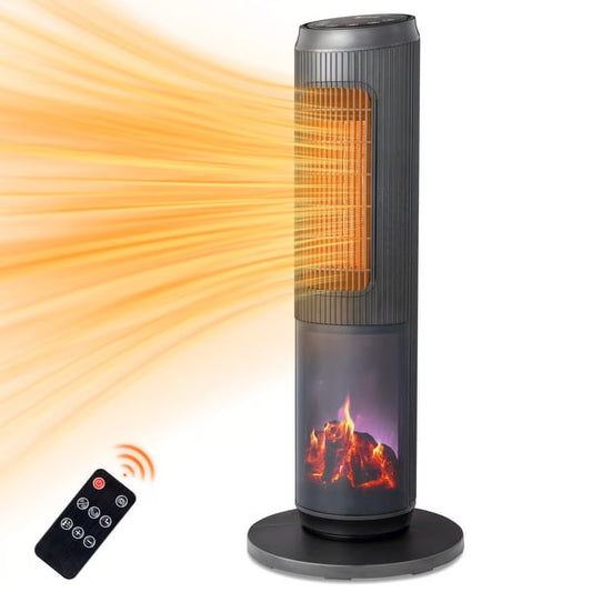 25-inch patio heater， tower space heater with 1500W portable heater, 60° oscillation, adjustable temperature/timer/display/remote control. Suitable for outdoors, indoors, offices. Black.