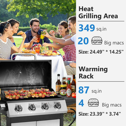SEGMART 4 Burner BBQ Propane Gas Grill, Stainless Steel 40,000 BTU Patio Garden Barbecue Grill with Two Shelves, Doors & Thermometer, Perfect for Camping, Outdoor Cooking
