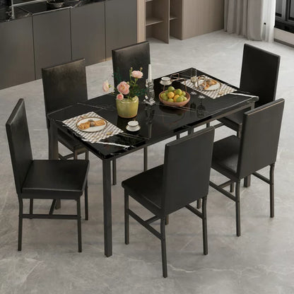 7 Piece Kitchen Dining Table & Chair Set, Dining Room Table Set with Faux Marble Tabletop PU Leather Padded Chairs, Rectangle Dining Table Set for 6, Dinette Set for Kitchen Dining Room Small Space